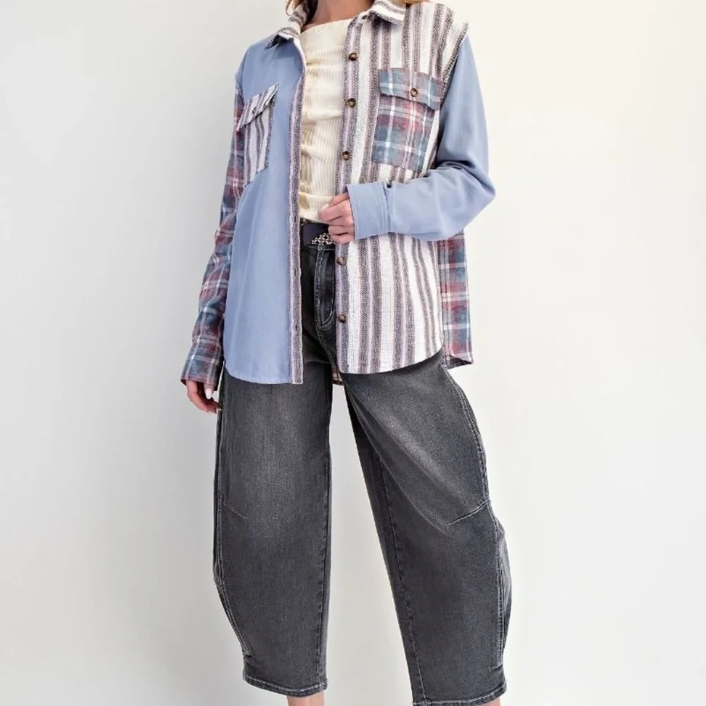 NEW EASEL PLAID AND STRIPED PATTERNS STAR PATCHWORK BUTTON DOWN SHAKET SMALL - Picture 8 of 8